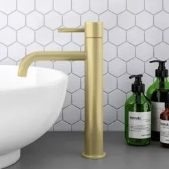 Arezzo Round Brushed Brass High Rise Mono Basin Mixer Tap -Basin Taps Shop AZBBHRT detail2 460
