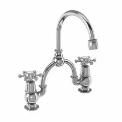 Burlington - Birkenhead 2 Tap Hole Bridge Curved Spout Basin Mixer (230mm centers) w Invisible Overflow