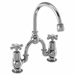 Burlington - Anglesey 2TH Bridge Curved Spout Basin Mixer (200mm centers) w Plug & Chain