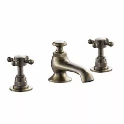 Chatsworth 1928 Antique Brass 3TH Crosshead Basin Mixer Tap + Waste