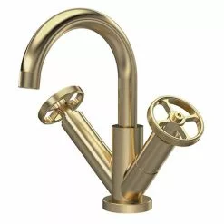 Hudson Reed Revolution Industrial Brushed Brass Mono Basin Mixer with Swivel Spout and Click Clack Waste - TIW815